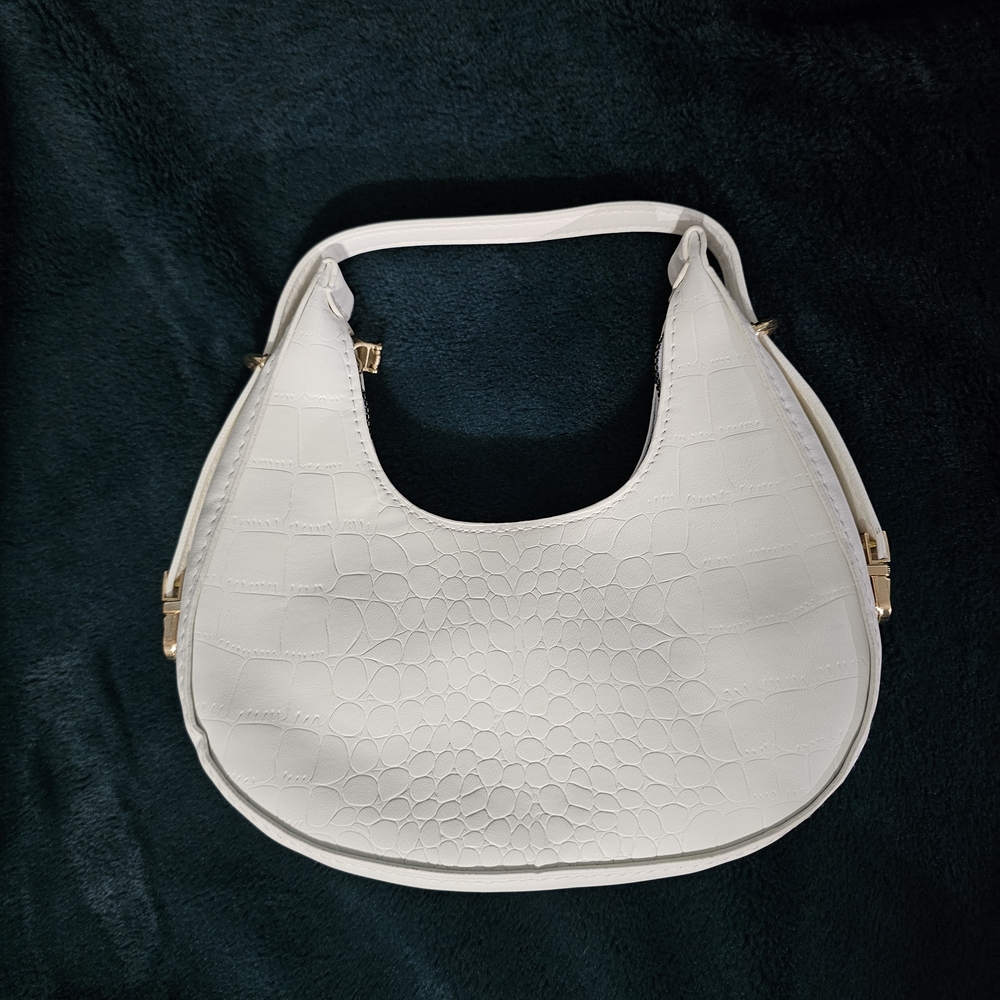 White Croc-Embossed Shoulder Bag
